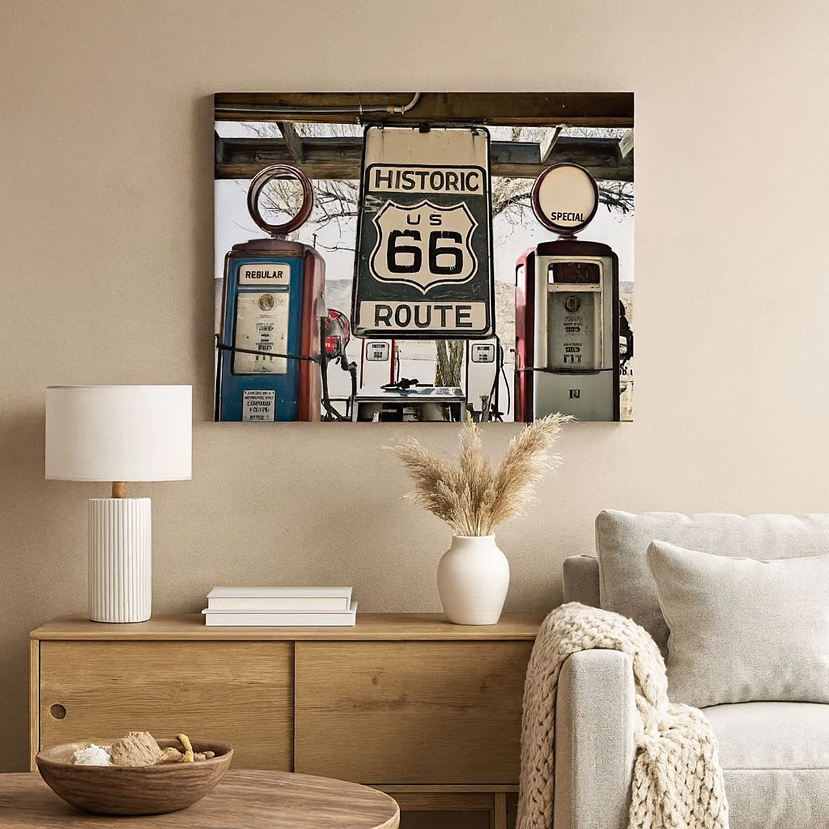 Obraz na plátně - Historická čerpací stanice Route 66 - 70x50cm - Americká retro cesta - Moderní nástěnná dekorace do obývacího pokoje a ložnice ARTTOR