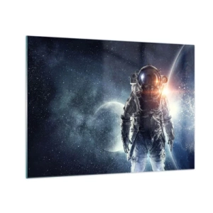 Obraz na skle - Astronaut na pozadí planet a hvězd - 70x50cm - Vesmírné dobrodružství - Moderní nástěnná dekorace do obývacího pokoje a ložnice ARTTOR