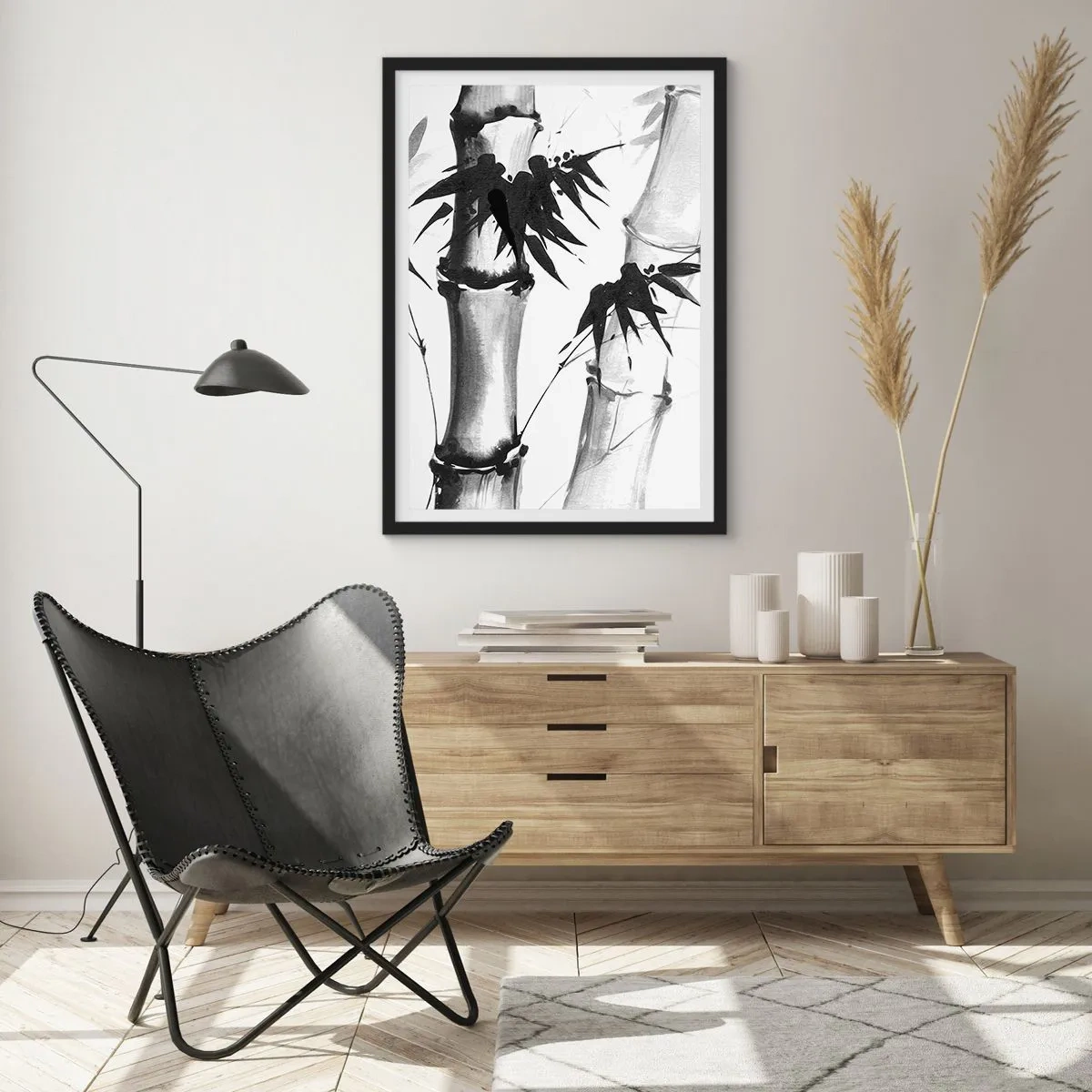 Plakát v černém rámu - Bambusové stonky a listy v černobílém stylu - 50x70cm - Blízký záběr na orient - Moderní nástěnná dekorace do obývacího pokoje a ložnice ARTTOR