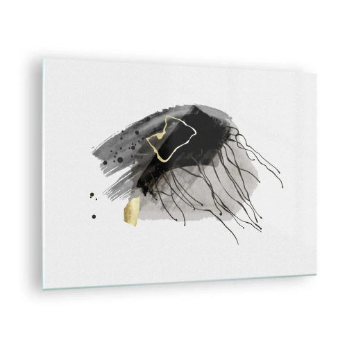 Obraz na skle - Abstraktní kompozice černé a zlaté na bílém pozadí - 70x50cm - V černé a zlaté - Moderní nástěnná dekorace do obývacího pokoje a ložnice ARTTOR