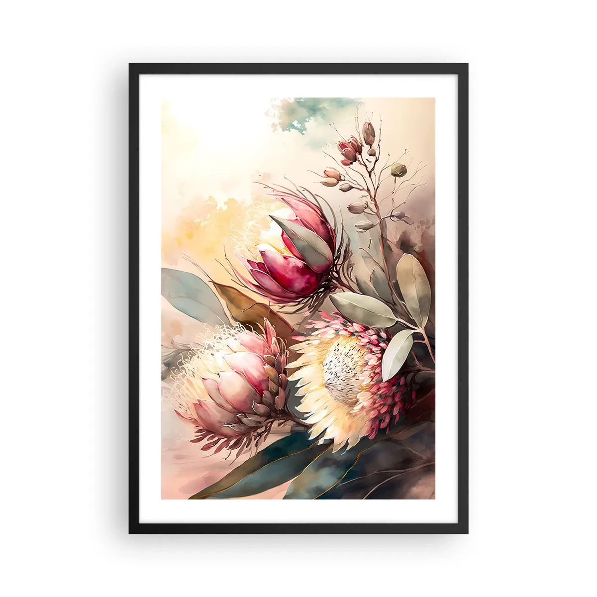 Plakát v černém rámu - Kytice proteových květů v jemných barvách - 50x70cm - Z profilu a en face - Moderní nástěnná dekorace do obývacího pokoje a ložnice ARTTOR