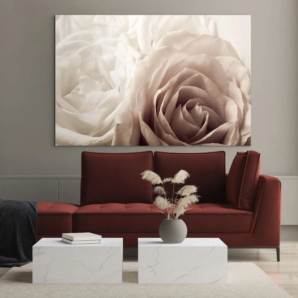 Obraz na skle - Jemné světlé růže v romantickém detailním záběru - 70x50cm - V srdci růže - Moderní nástěnná dekorace do obývacího pokoje a ložnice ARTTOR