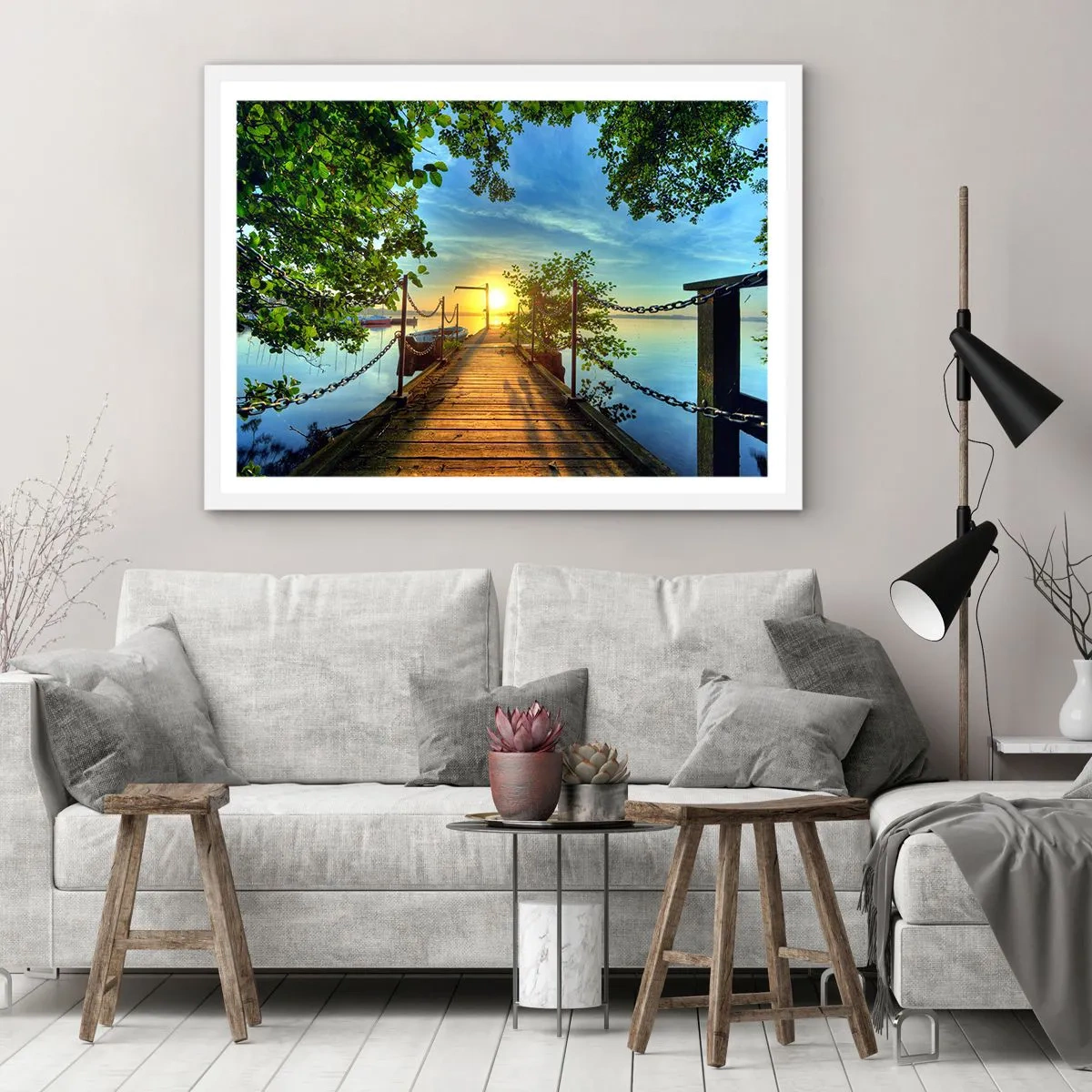 Plakát v bílém rámu - Západ u vody - 40x30 cm