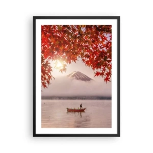 Plakát v černém rámu - Hora Fudži s lodí na jezeře a podzimním listím - 50x70cm - V japonském stylu - Moderní nástěnná dekorace do obývacího pokoje a ložnice ARTTOR