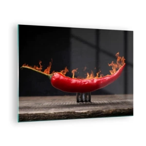Obraz na skle - Hořící červená chilli paprička na černém pozadí - 70x50cm - Ohnivý předkrm - Moderní nástěnná dekorace do obývacího pokoje a ložnice ARTTOR