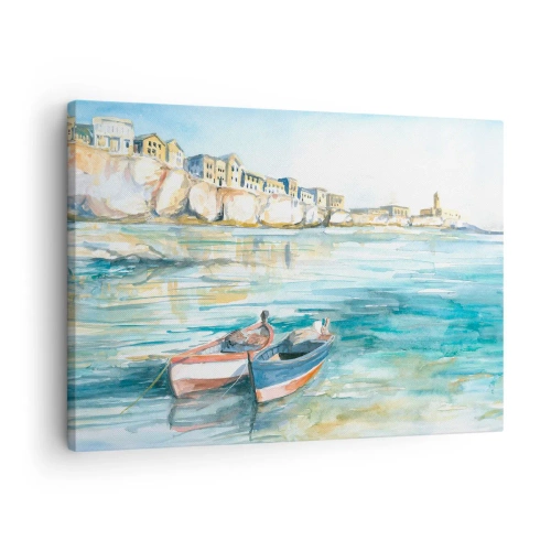 Obraz na plátně - Malebná přímořská krajina s loděmi na vodě - 70x50cm - Krajina v modří - Moderní nástěnná dekorace do obývacího pokoje a ložnice ARTTOR