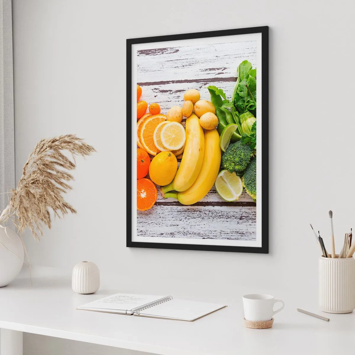 Plakát v černém rámu - Ovoce a zelenina na rustikálním pozadí - 50x70cm - To nestačí? - Moderní nástěnná dekorace do obývacího pokoje a ložnice ARTTOR