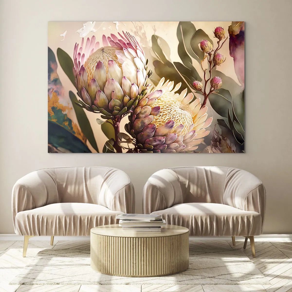 Obraz na skle - Květy protey v teplých tónech a měkkém světle - 70x50cm - Něžně objaté - Moderní nástěnná dekorace do obývacího pokoje a ložnice ARTTOR
