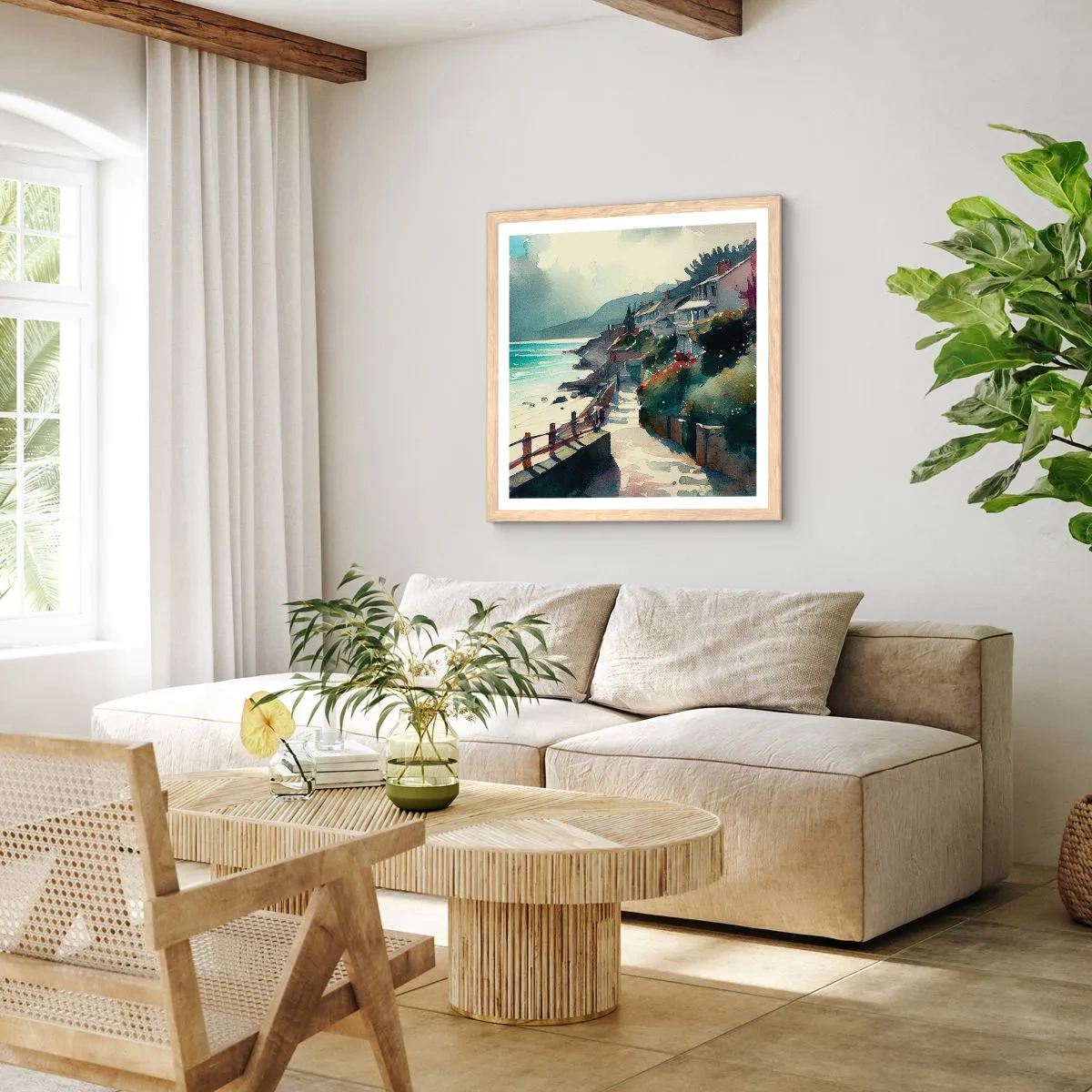 Plakát v rámu světlý dub - Středomořské městečko - 60x60 cm