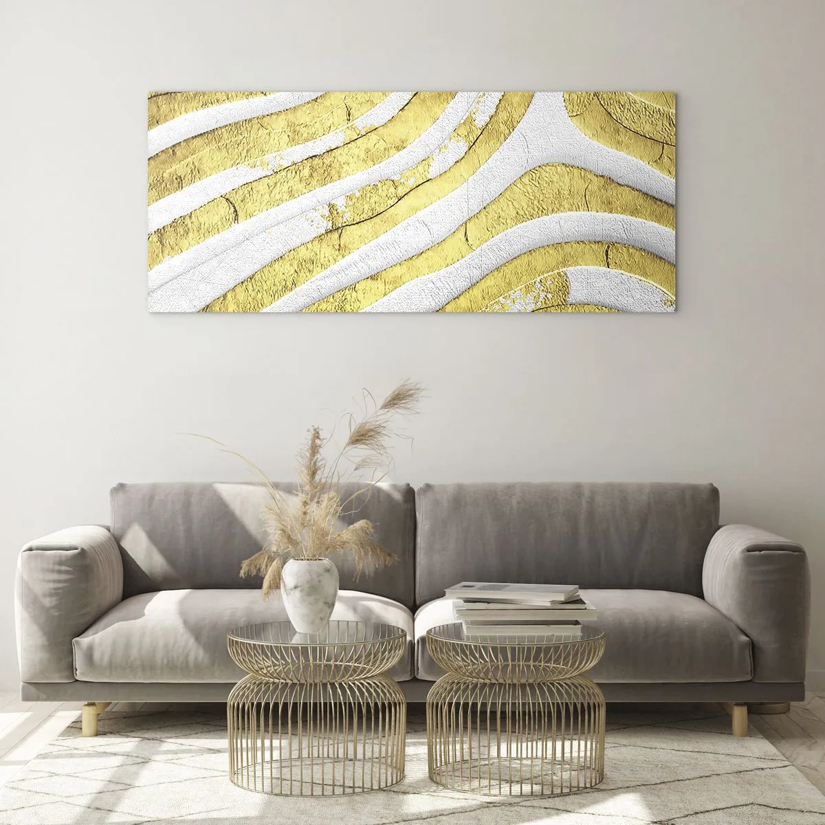 Obraz na skle - Kompozice v bílé a zlaté - 160x50 cm
