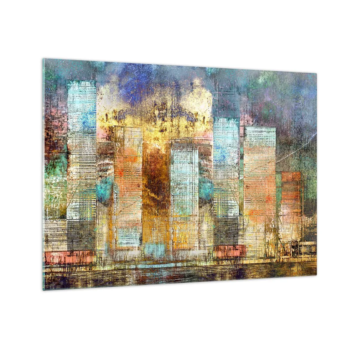 Obraz na skle - Barevné abstraktní panorama městských mrakodrapů v uměleckém stylu - 70x50cm - Prosluněná metropole - Moderní nástěnná dekorace do obývacího pokoje a ložnice ARTTOR