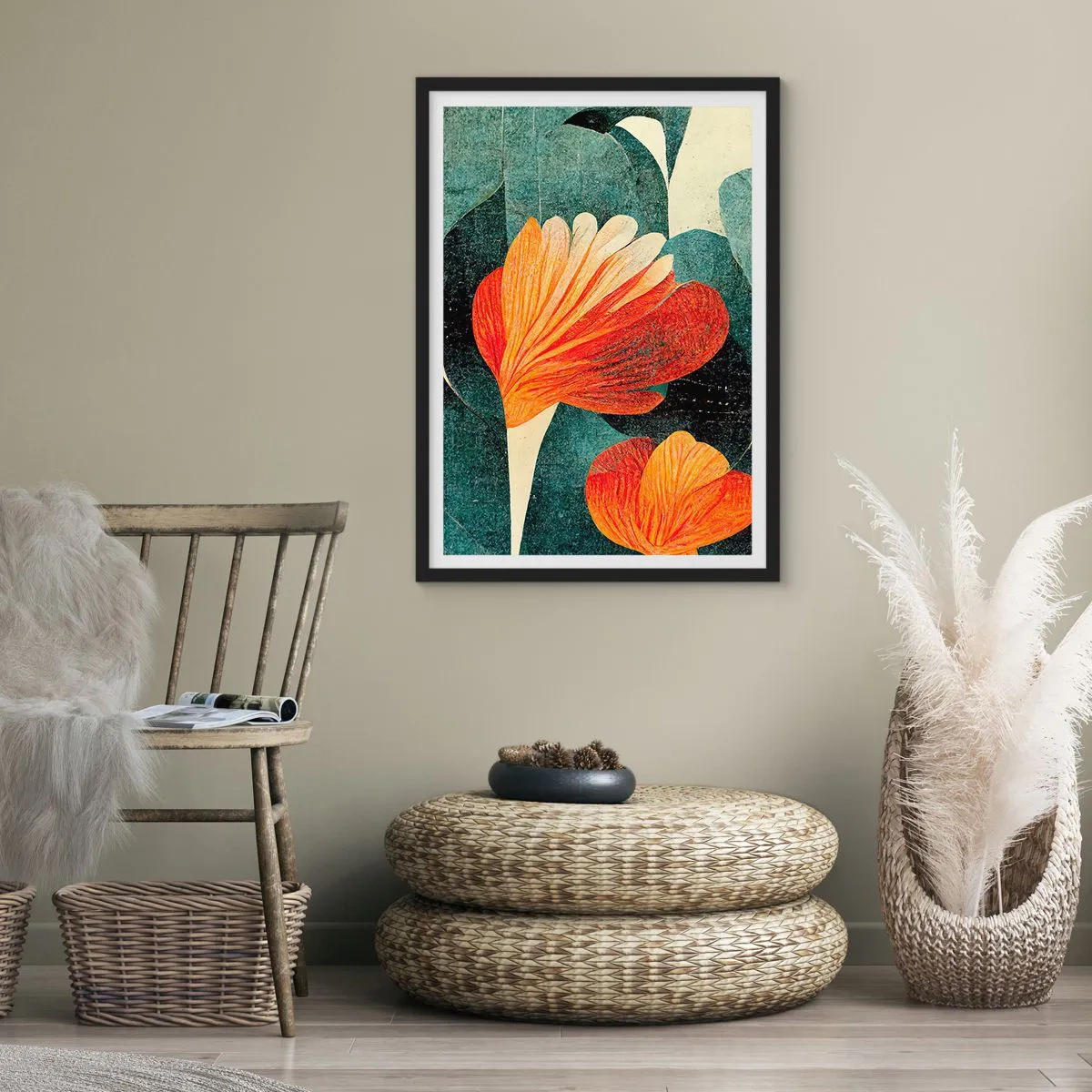 Plakát v černém rámu - Abstraktní květiny v odstínech oranžové a zelené - 50x70cm - Tropické horko a chlad zeleně - Moderní nástěnná dekorace do obývacího pokoje a ložnice ARTTOR