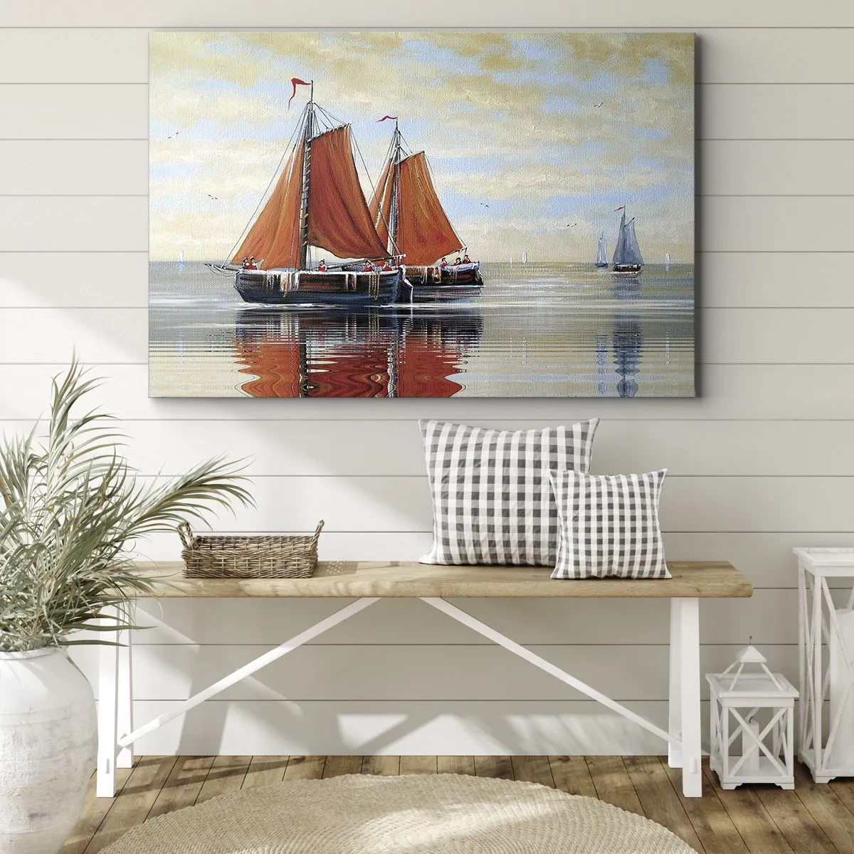 Obraz na plátně - Dvoustěžňové plachetnice v klidné vodě - 70x50cm - Pluj, námořníku… - Moderní nástěnná dekorace do obývacího pokoje a ložnice ARTTOR