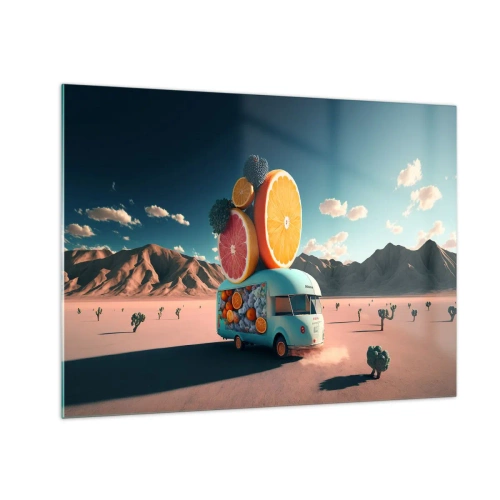 Obraz na skle - Tyrkysový karavan s ovocem na pozadí pouštní krajiny - 70x50cm - Chuť prázdnin - Moderní nástěnná dekorace do obývacího pokoje a ložnice ARTTOR