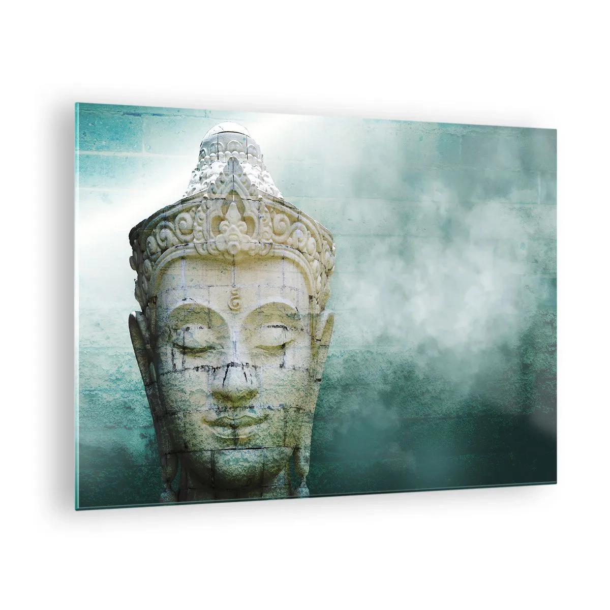 Obraz na skle - Socha Buddhy v mystické atmosféře - 70x50cm - Hledajíc světlo - Moderní nástěnná dekorace do obývacího pokoje a ložnice ARTTOR