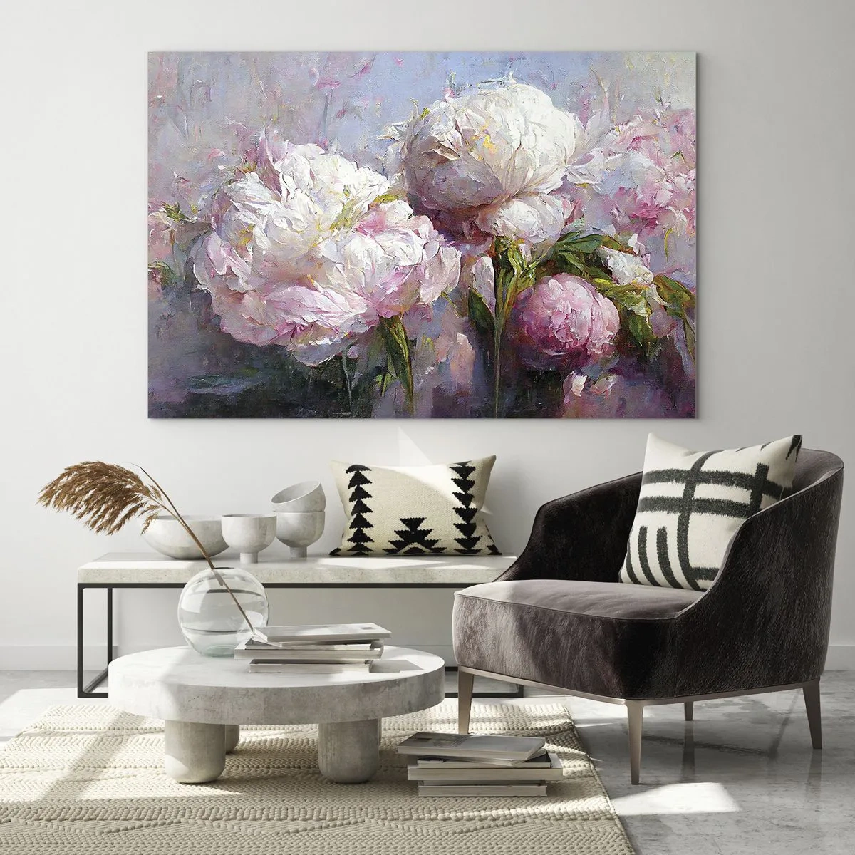 Obraz na skle - Olejomalba kvetoucích bílých a růžových pivoněk - 70x50cm - Kytice překypující životem - Moderní nástěnná dekorace do obývacího pokoje a ložnice ARTTOR