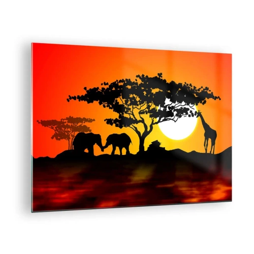 Obraz na skle - Africká krajina se stromy a zvířaty při západu slunce - 70x50cm - Setkání na savaně - Moderní nástěnná dekorace do obývacího pokoje a ložnice ARTTOR
