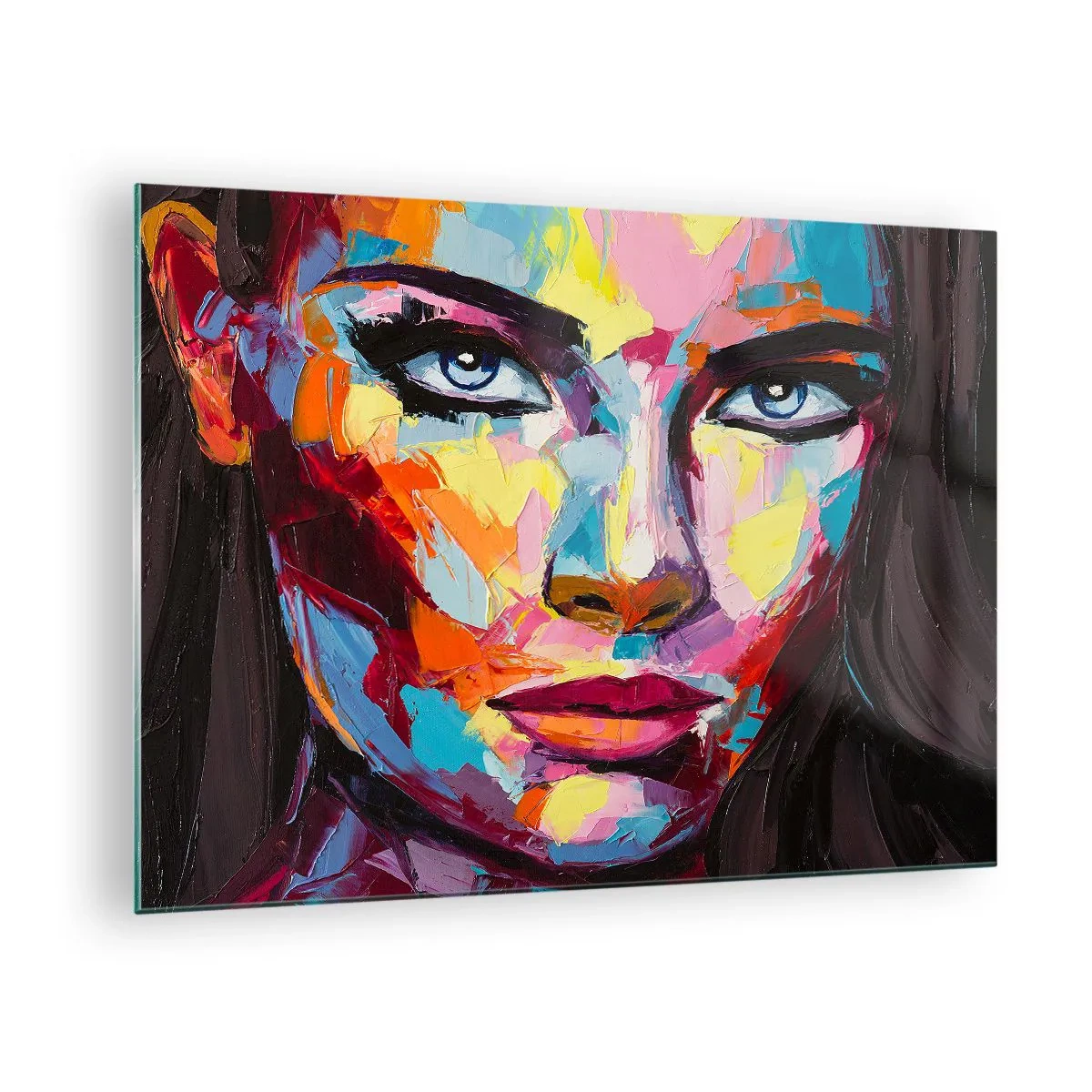 Obraz na skle - Barevný portrét ženy v abstraktním stylu - 70x50cm - Také barevná duše - Moderní nástěnná dekorace do obývacího pokoje a ložnice ARTTOR