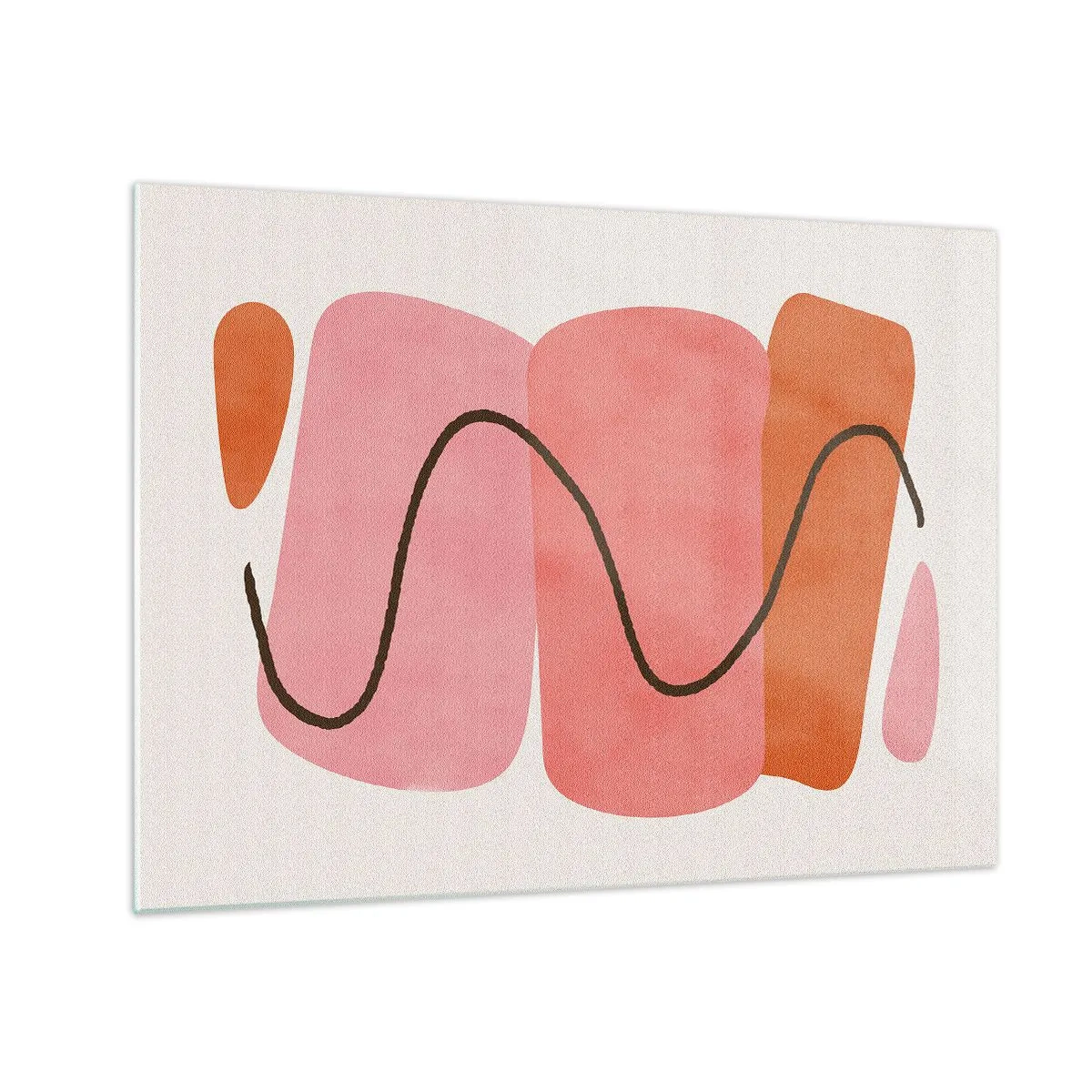 Obraz na skle - Abstraktní tvary v růžové a oranžové barvě s černou linkou - 70x50cm - Jemný pohyb forem - Moderní nástěnná dekorace do obývacího pokoje a ložnice ARTTOR