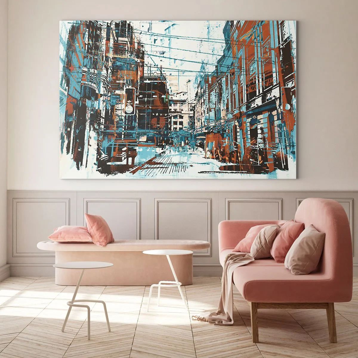 Obraz na skle - Malebná městská ulice v uměleckém, opotřebovaném stylu - 70x50cm - Zdolaná městská stezka - Moderní nástěnná dekorace do obývacího pokoje a ložnice ARTTOR