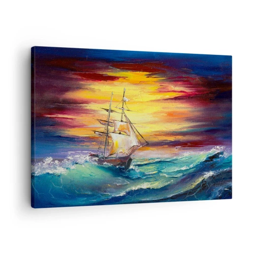 Obraz na plátně - Plachetnice na pozadí barevného západu slunce - 70x50cm - Statečně proti vlnám - Moderní nástěnná dekorace do obývacího pokoje a ložnice ARTTOR