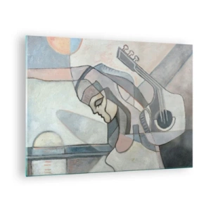 Obraz na skle - Umělecká postava ženy s kytarou v pastelových barvách - 70x50cm - V moci hudby - Moderní nástěnná dekorace do obývacího pokoje a ložnice ARTTOR