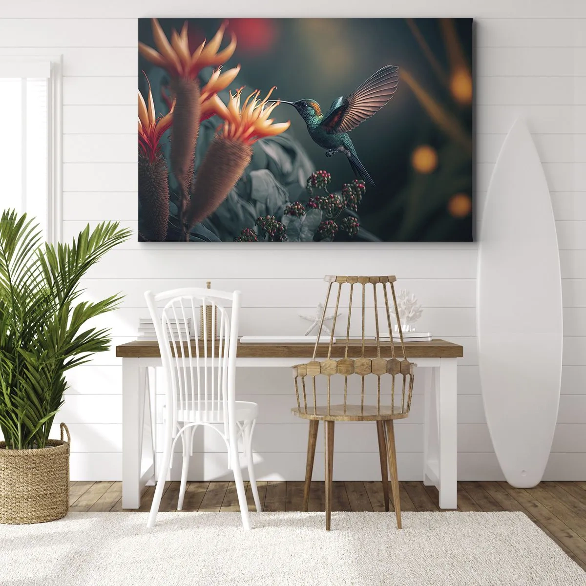 Obraz na plátně - Barevný kolibřík u květin na přírodním pozadí - 70x50cm - Skutečně pestrý život - Moderní nástěnná dekorace do obývacího pokoje a ložnice ARTTOR