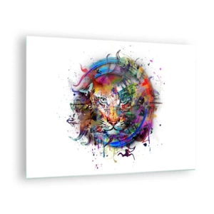 Obraz na skle - Barevný portrét lva v uměleckém stylu s abstraktními akcenty - 70x50cm - Skrývá se za duhovým závojem - Moderní nástěnná dekorace do obývacího pokoje a ložnice ARTTOR