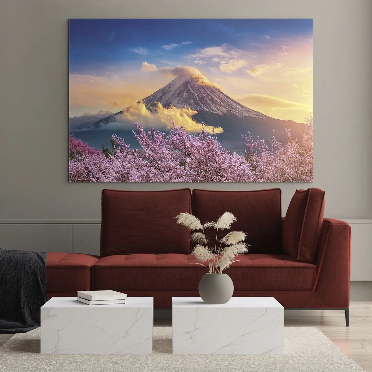Obraz na skle - Hora Fudži v pozadí s kvetoucími sakurami v popředí - 70x50cm - Japonská svátost - Moderní nástěnná dekorace do obývacího pokoje a ložnice ARTTOR