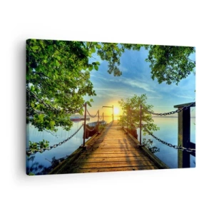 Obraz na plátně - Molo nad jezerem v paprscích západu slunce - 70x50cm - Západ u vody - Moderní nástěnná dekorace do obývacího pokoje a ložnice ARTTOR