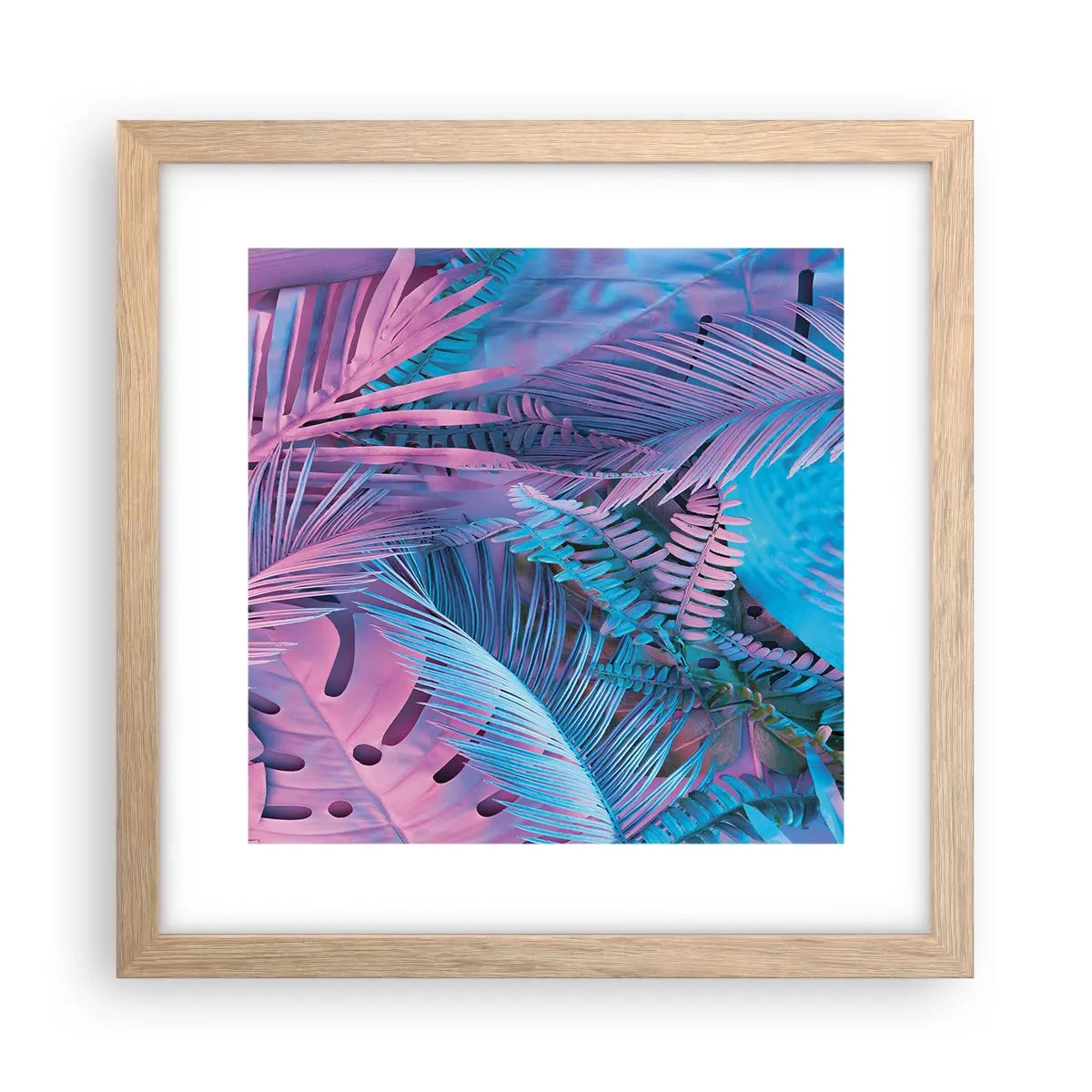 Plakát v rámu světlý dub - Tropy v růžové a modré - 30x30 cm