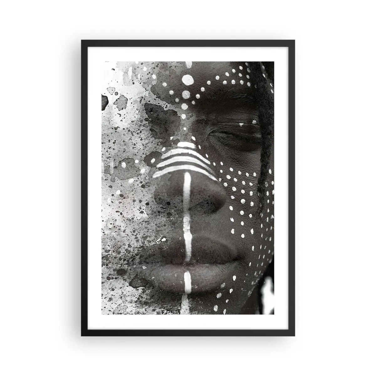 Plakát v černém rámu - Abstraktní portrét s černobílými vzory na obličeji - 50x70cm - Objev původního ducha - Moderní nástěnná dekorace do obývacího pokoje a ložnice ARTTOR