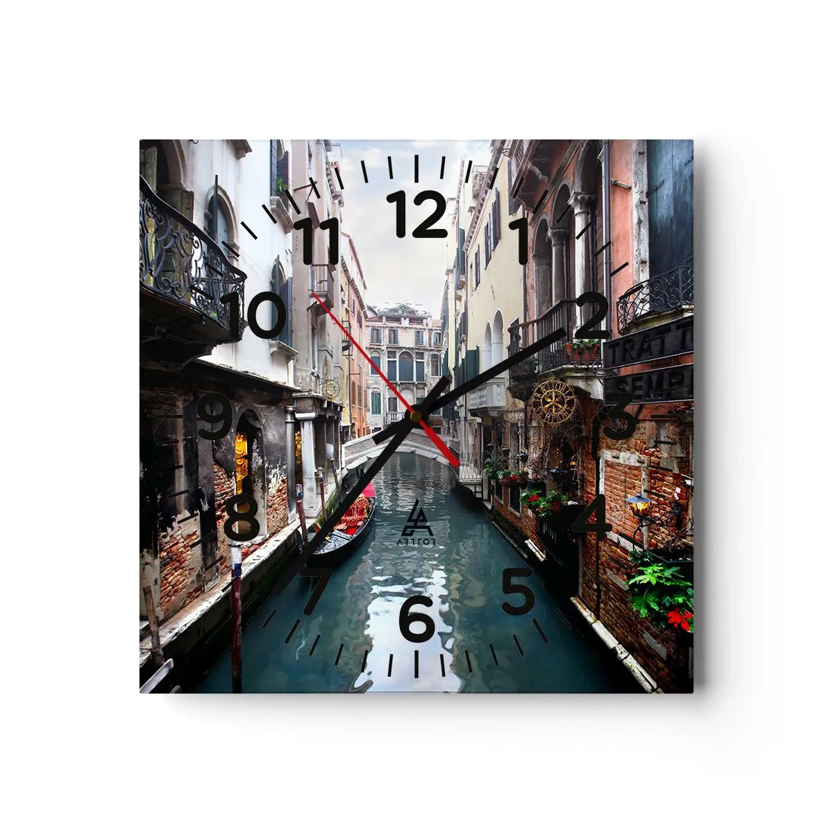 Nástěnné hodiny - Benátská krajina s gondolou a můstkem - 40x40 cm