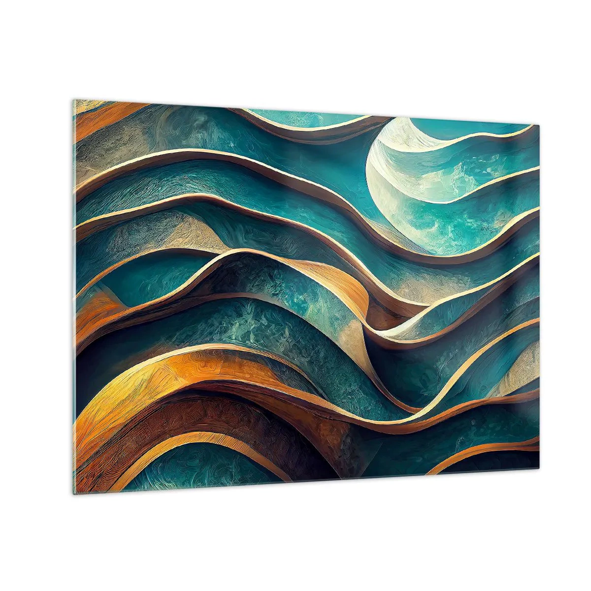 Obraz na skle - Dynamické linie v modré a měděné barvě vytvářející vlny - 70x50cm - Meandry modré - Moderní nástěnná dekorace do obývacího pokoje a ložnice ARTTOR