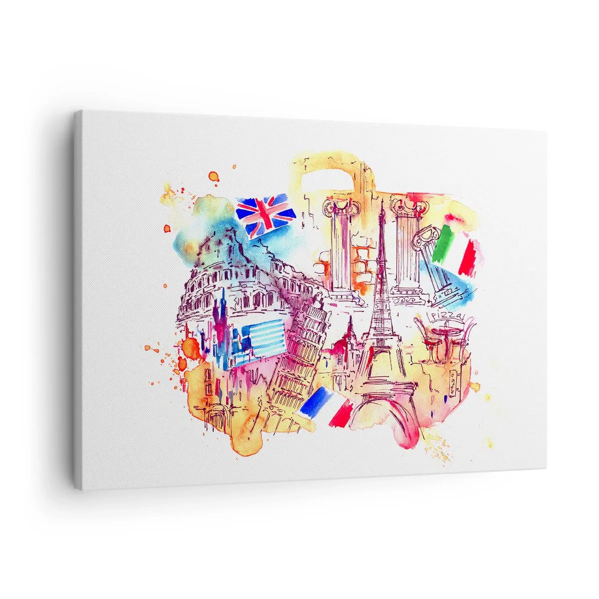 Obraz na plátně - Akvarel evropských symbolů s vlajkami zemí - 70x50cm - Evropské turné - Moderní nástěnná dekorace do obývacího pokoje a ložnice ARTTOR
