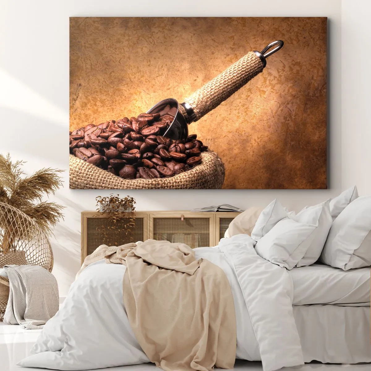 Obraz na plátně - Kávová zrna v jutovém sáčku s kovovou lžičkou - 70x50cm - U zdroje chuti - Moderní nástěnná dekorace do obývacího pokoje a ložnice ARTTOR