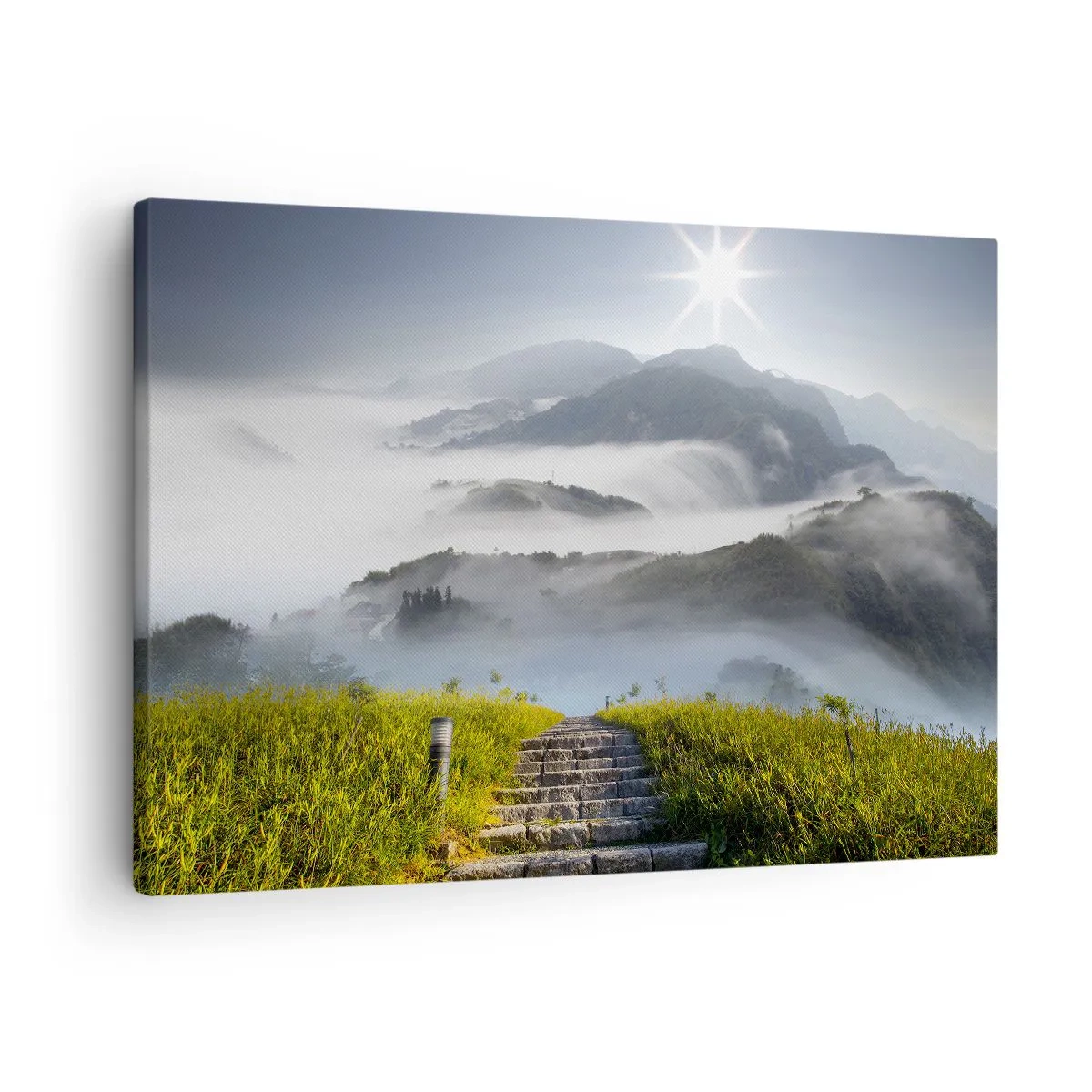 Obraz na plátně - Kamenné schody vedoucí nahoru přes hory zahalené v ranní mlze - 70x50cm - Stále vzhůru do oblak - Moderní nástěnná dekorace do obývacího pokoje a ložnice ARTTOR