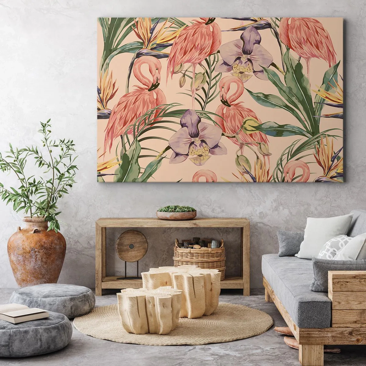 Obraz na plátně - Plameňáci a tropické květiny na světlém pozadí - 70x50cm - Růžový balet v květech - Moderní nástěnná dekorace do obývacího pokoje a ložnice ARTTOR