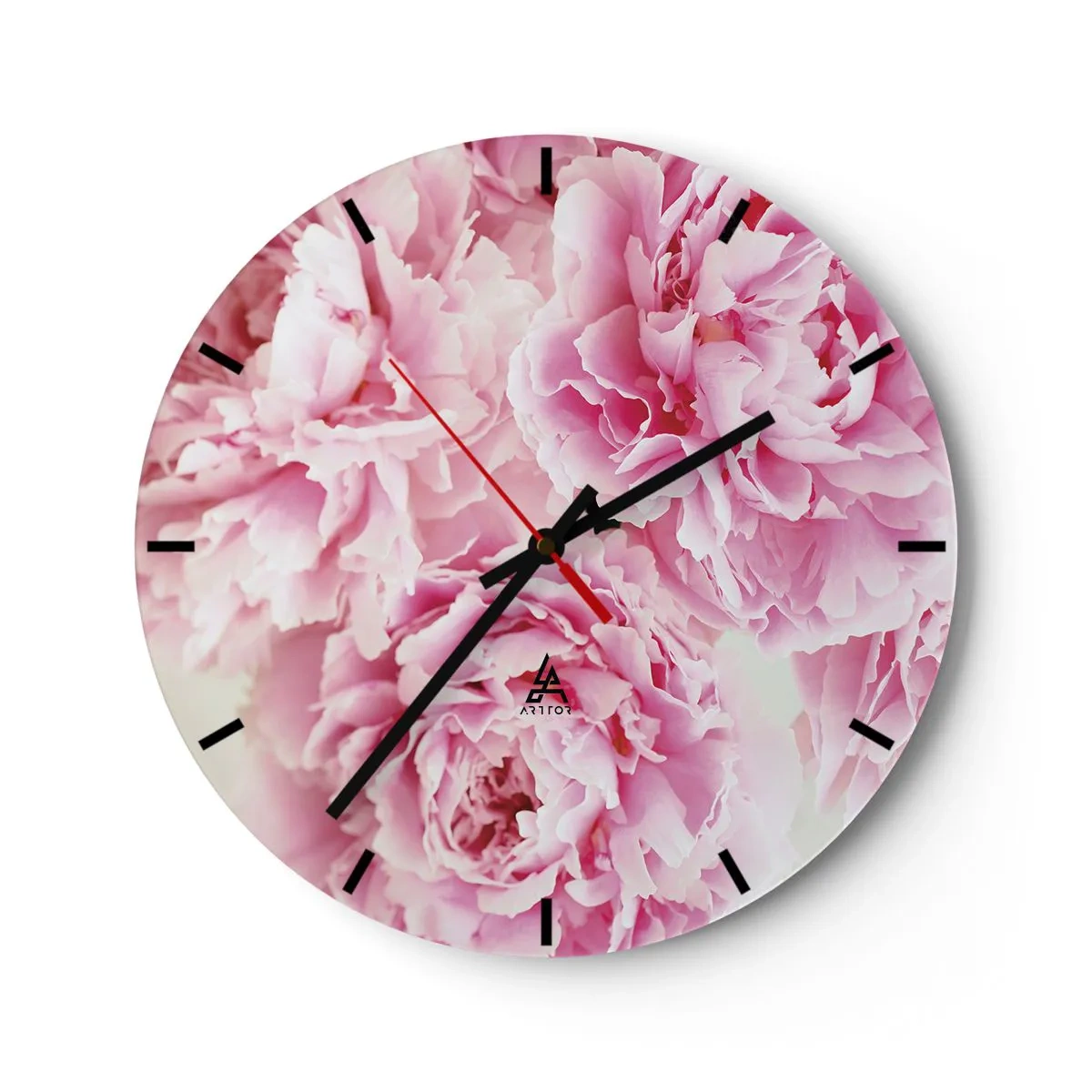 Nástěnné hodiny - Růžové květy pivoňky na bílém pozadí - 30x30cm - V růžovém přepychu - Moderní nástěnná dekorace do obývacího pokoje, kuchyně a ložnice ARTTOR