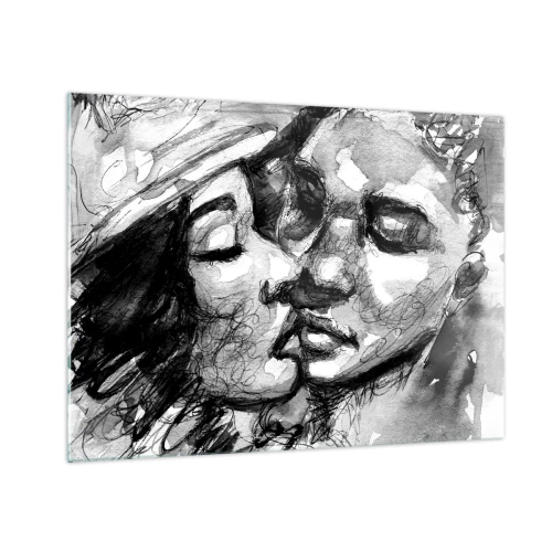 Obraz na skle - Černobílá skica něžného polibku - 70x50cm - Něžný okamžik - Moderní nástěnná dekorace do obývacího pokoje a ložnice ARTTOR