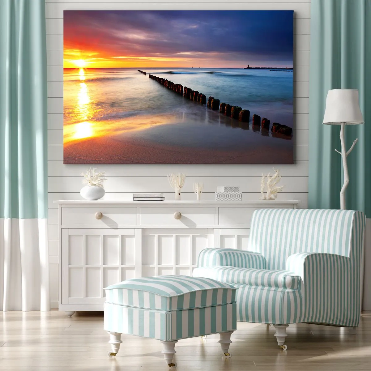 Obraz na plátně - Západ slunce nad mořem s vlnolamem v popředí - 70x50cm - Poslouchej ticho - Moderní nástěnná dekorace do obývacího pokoje a ložnice ARTTOR