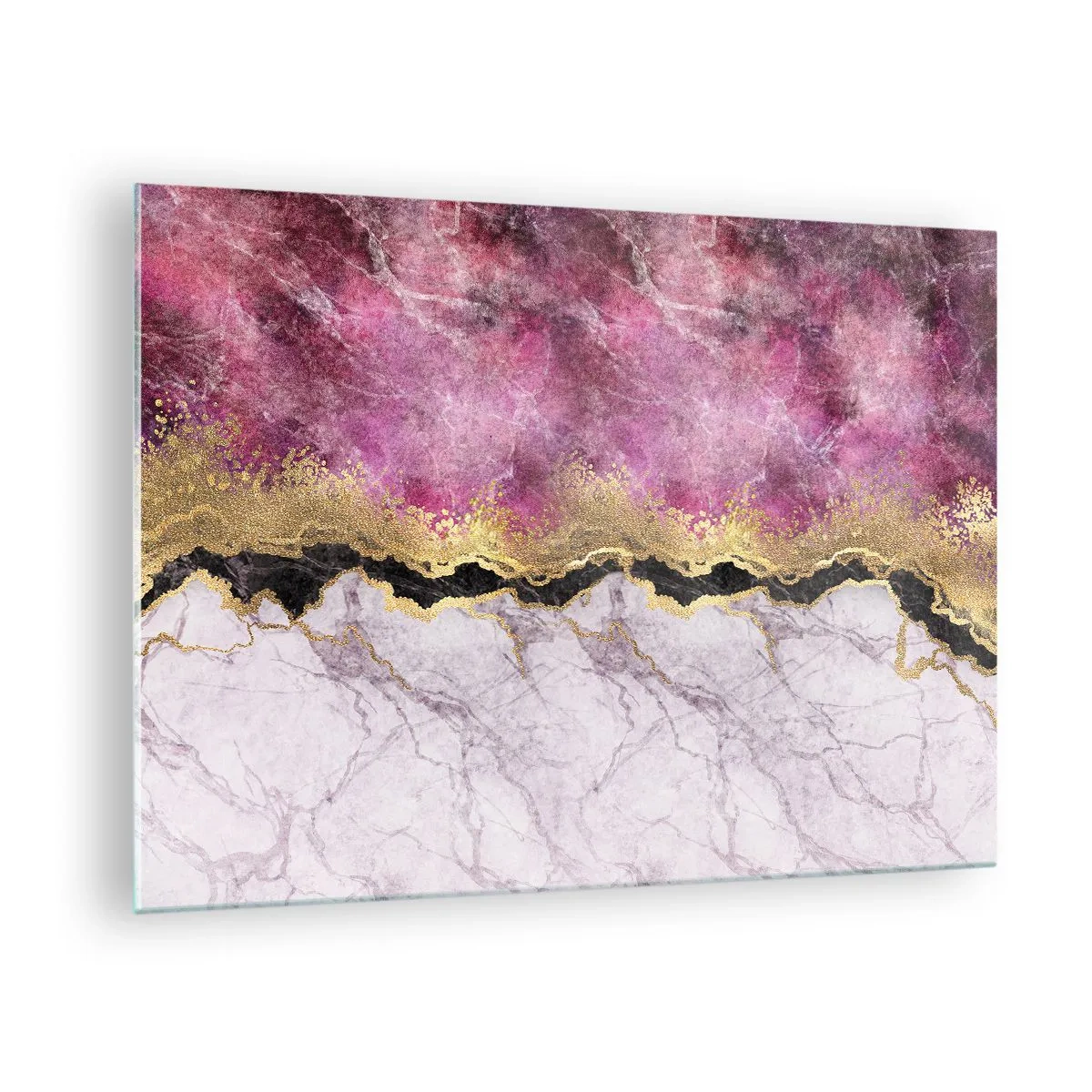 Obraz na skle - Abstraktní mramorová kompozice se zlatými a fialovými akcenty - 70x50cm - Na hranici - Moderní nástěnná dekorace do obývacího pokoje a ložnice ARTTOR