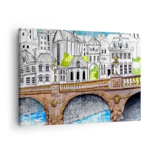 Obraz na plátně - Kresba mostu a historické městské architektury - 70x50cm - Město jako malované - Moderní nástěnná dekorace do obývacího pokoje a ložnice ARTTOR
