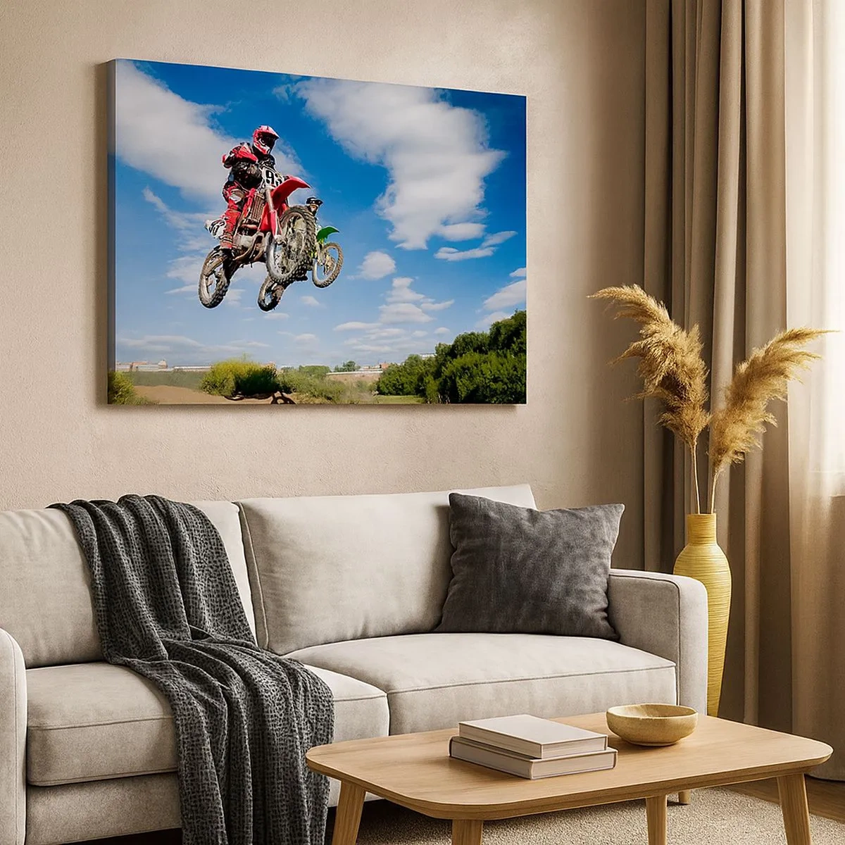 Obraz na plátně - Jezdci na motokrosových motorkách ve vzduchu během skoku - 70x50cm - Skok z oblak - Moderní nástěnná dekorace do obývacího pokoje a ložnice ARTTOR