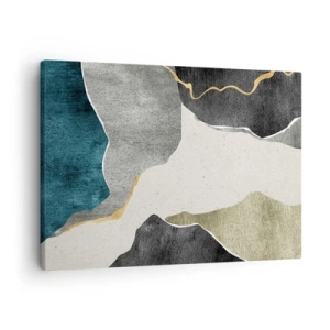 Obraz na plátně - Geometrické tvary v odstínech šedé, zelené a zlaté - 70x50cm - Mozaiková kompozice se zlatou nití - Moderní nástěnná dekorace do obývacího pokoje a ložnice ARTTOR