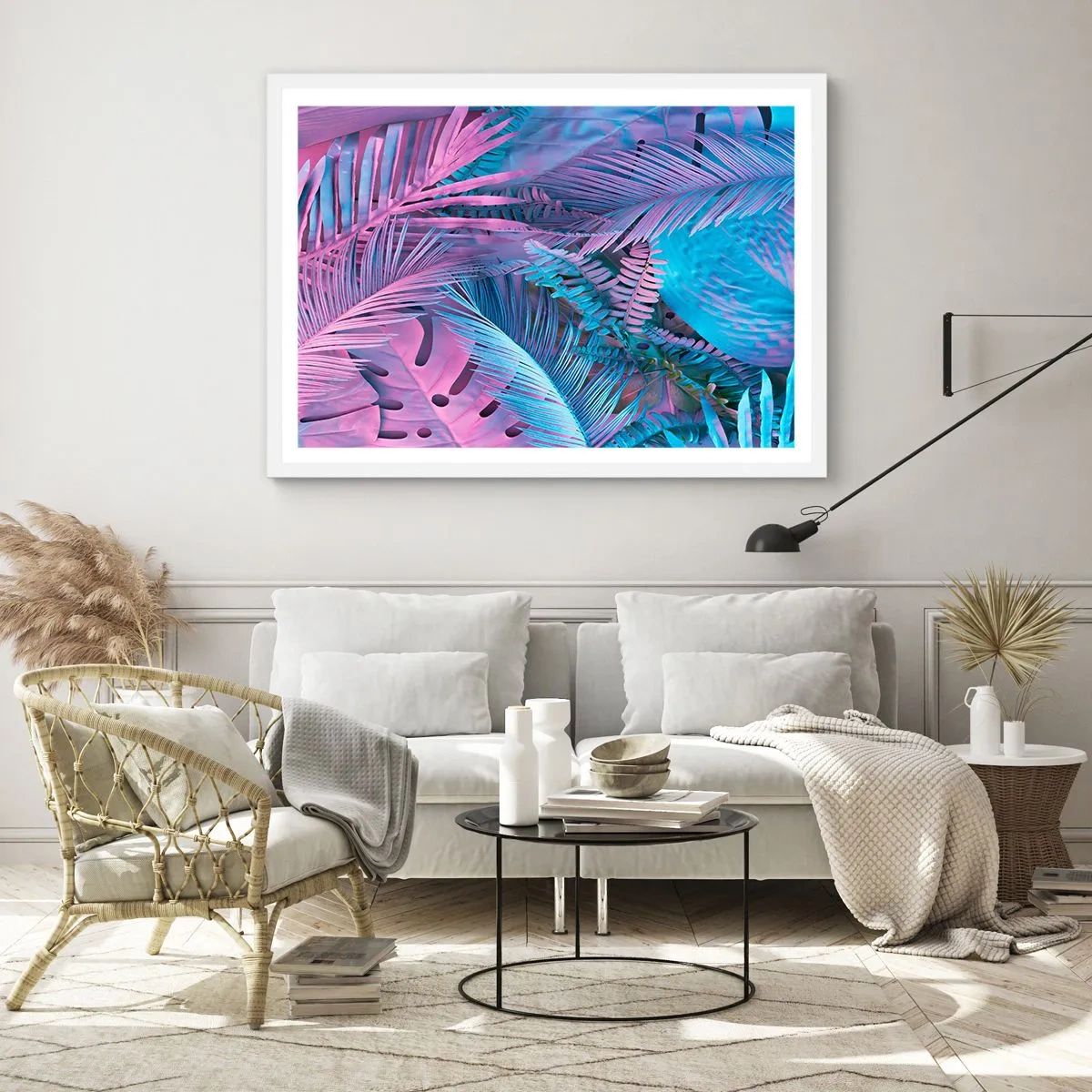 Plakát v bílém rámu - Tropy v růžové a modré - 100x70 cm