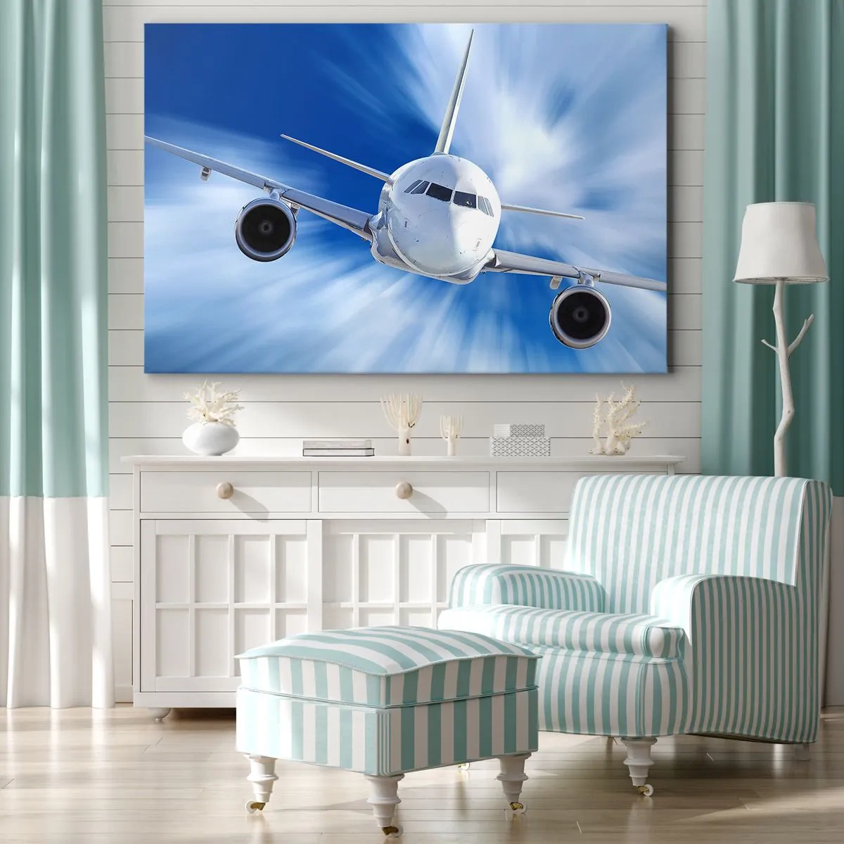 Obraz na plátně - Osobní letadlo v pohybu proti obloze - 70x50cm - Rychlejší než vítr na obloze - Moderní nástěnná dekorace do obývacího pokoje a ložnice ARTTOR