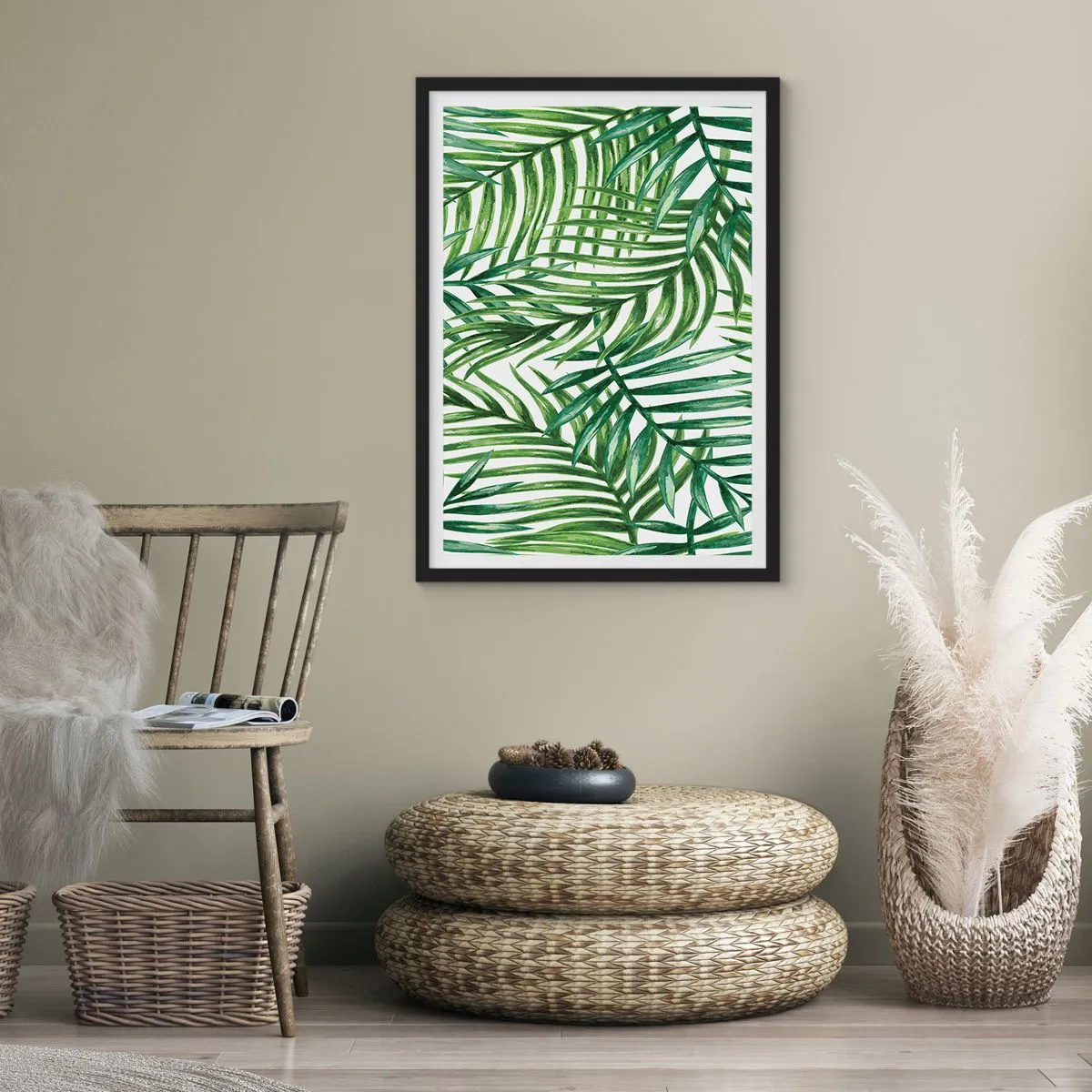 Plakát v černém rámu - Palmy v minimalistickém botanickém vzoru - 50x70cm - Pod zeleným baldachýnem - Moderní nástěnná dekorace do obývacího pokoje a ložnice ARTTOR