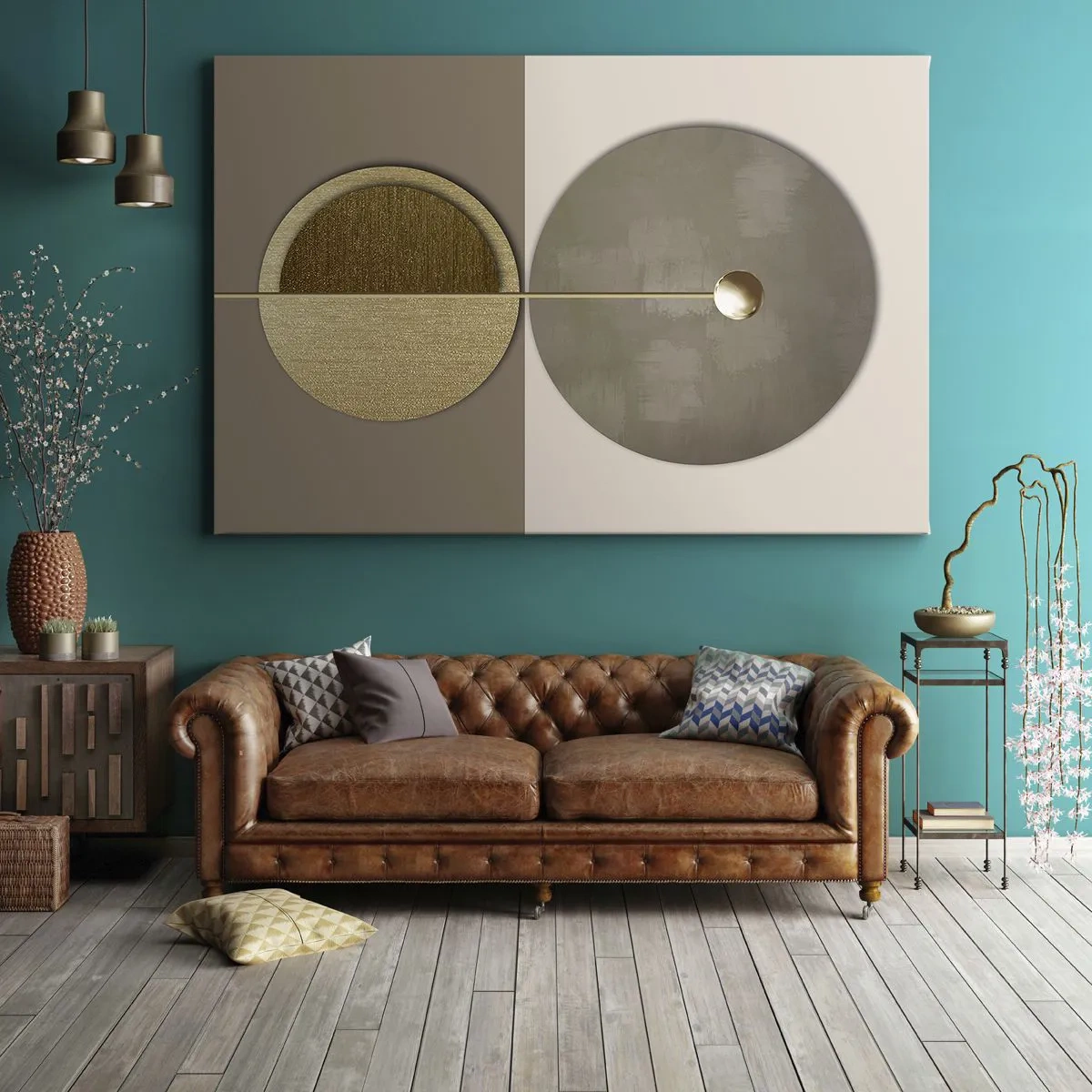 Obraz na plátně - Abstraktní kruhy v odstínech zlaté a béžové - 70x50cm - Dokonalá rovnováha - Moderní nástěnná dekorace do obývacího pokoje a ložnice ARTTOR