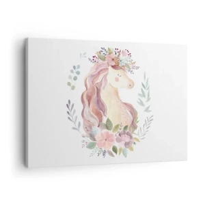 Obraz na plátně - Jednorožec v pastelových barvách obklopený květinami - 70x50cm - Pozvánka do říše pohádek - Moderní nástěnná dekorace do obývacího pokoje a ložnice ARTTOR